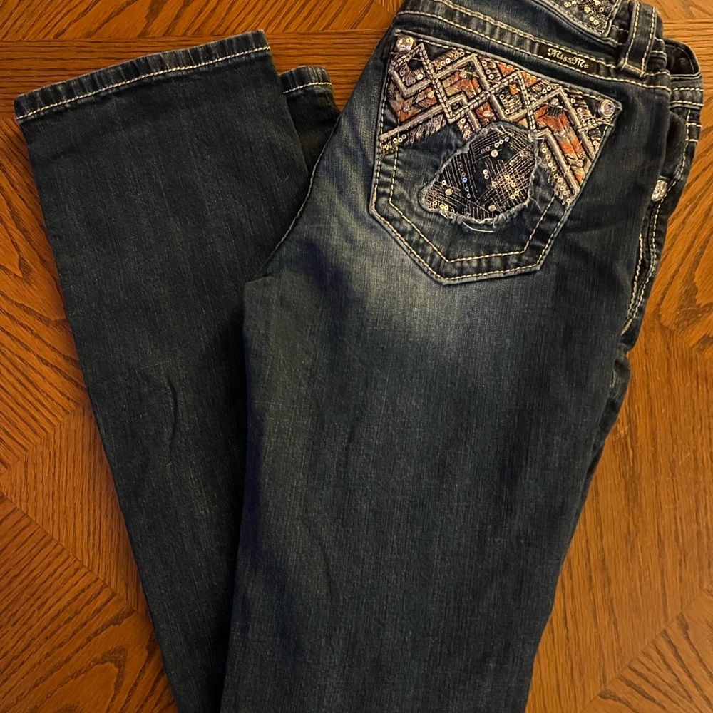 Miss Me Dark Blue Straight Leg Jeans with Embroidery